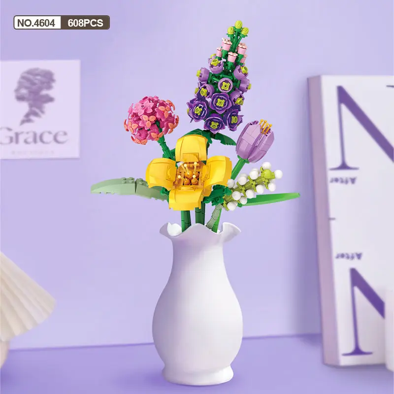 Nowy Zestaw Klocków dla Dzieci Bukiet Model 3D Zabawka Dekoracja Domu Roślina Chryzantema Róża Kwiat Klocki do Składania Zabawka dla Dziewczynki Prezent dla Dziecka