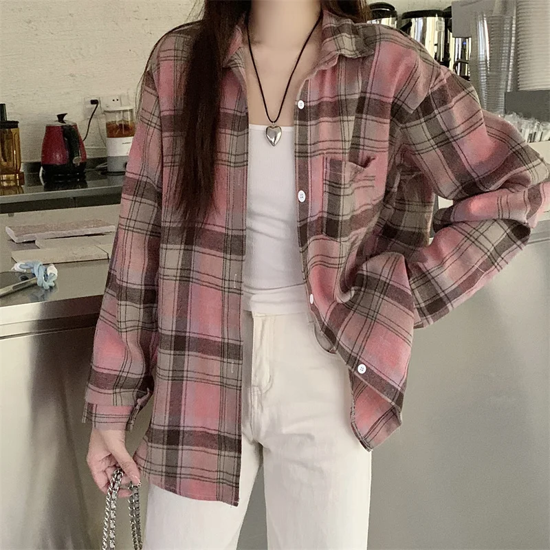 

Spring Summer 2026 Women Plaid Shirt with Pocket Button Down Long Sleeve Checked Shirt Jacket School-girl Casual Shirts Blouses
