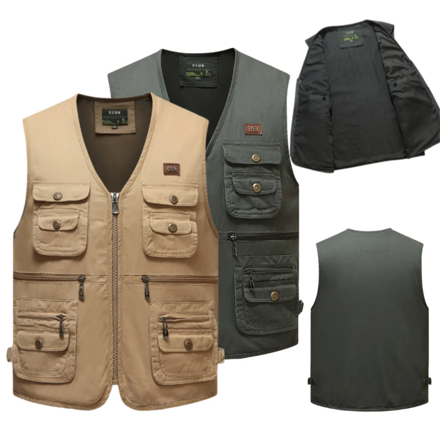 Summer Army Green Zipper Vest with Multiple Pockets Cardigan Dad's Large Horse Clip Middle aged Casual Four Seasons Tank Top