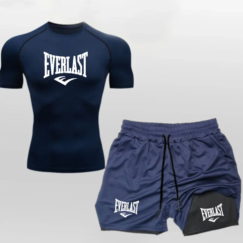 EVERLAST Men's Compress Shirt + 2-in-1 sports shorts 2pcs Set Leisure Breath Short Sleeve Sport Jogging Gym Brand Print Clothing