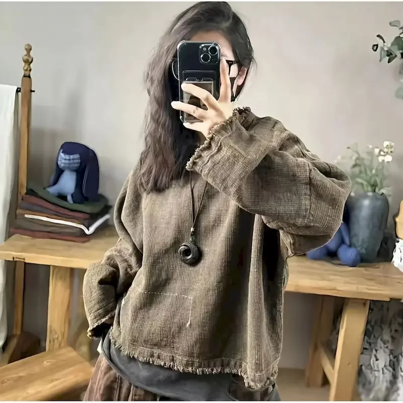 

Винтажные персонализированные пуловеры, женские старые тканевые топы с грубой конопляной вышивкой, рваная футболка с длинными рукавами, весенне-осенний топ