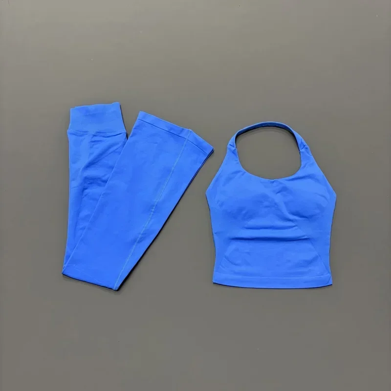 Nahtloses Flare-Leggings-Set: Ärmelloses Sport-Neckholder-Workout-Set mit Bauchkontrolle, ausgestellte Hosen, Anzug für Gym, Fitness, Freizeit und Streetwear – Detail 17