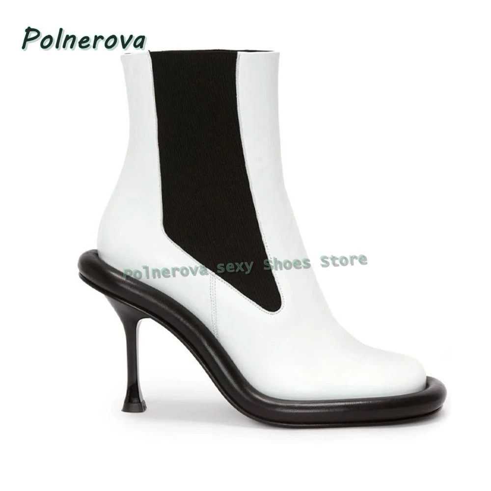 

Black Sand White Fashion Boots Round Toe Thin Heels Elastic Band Pull On Women Ankle Boots Autumn Winter New Style Stretch Boots