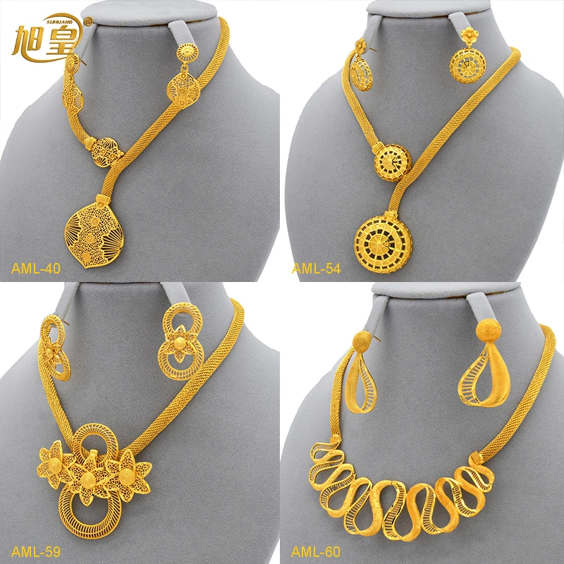 

XUHUANG Fashion Designer Necklace and Earrings Sets With Pendant Wedding Bridal 24k Gold Color Jewelry Set for Dubai Gifts