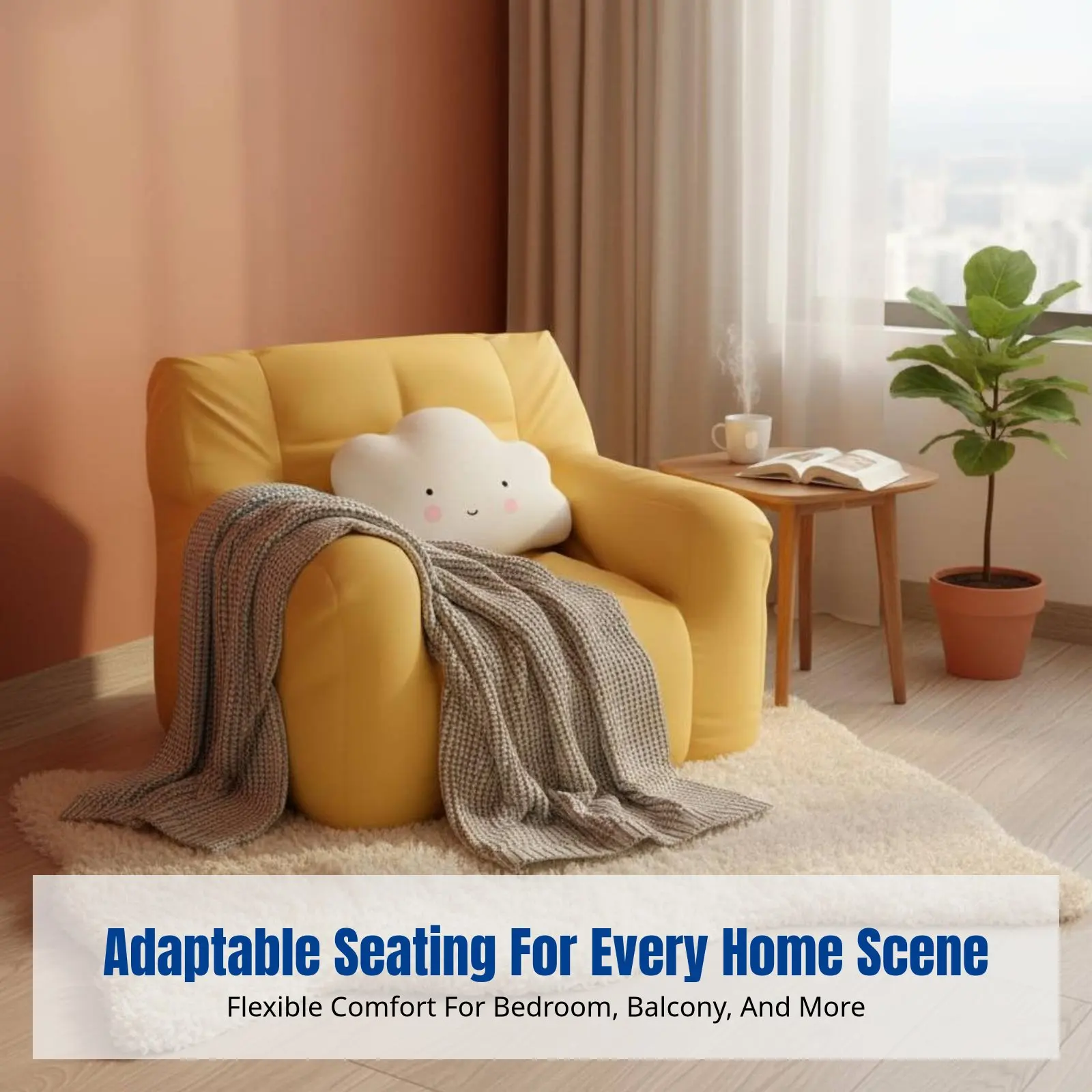 Reclining Lazy Sofa, Lounger with Floor Mat Design, Backrest Chair for Bedroom, Balcony, Dormitory, Small Spaces