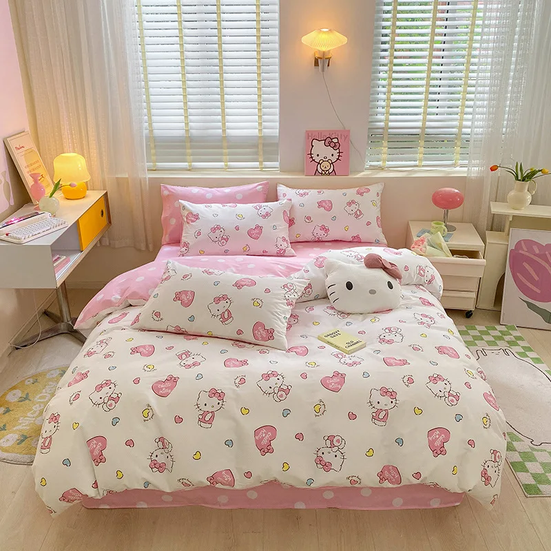 3/4pcs Hellokitty Bed-Linen Quilt Case Sheet Pillowcase Set Cotton Printed Bet-Use Set Cute Cartoon Kt Girls Bed Suppliers