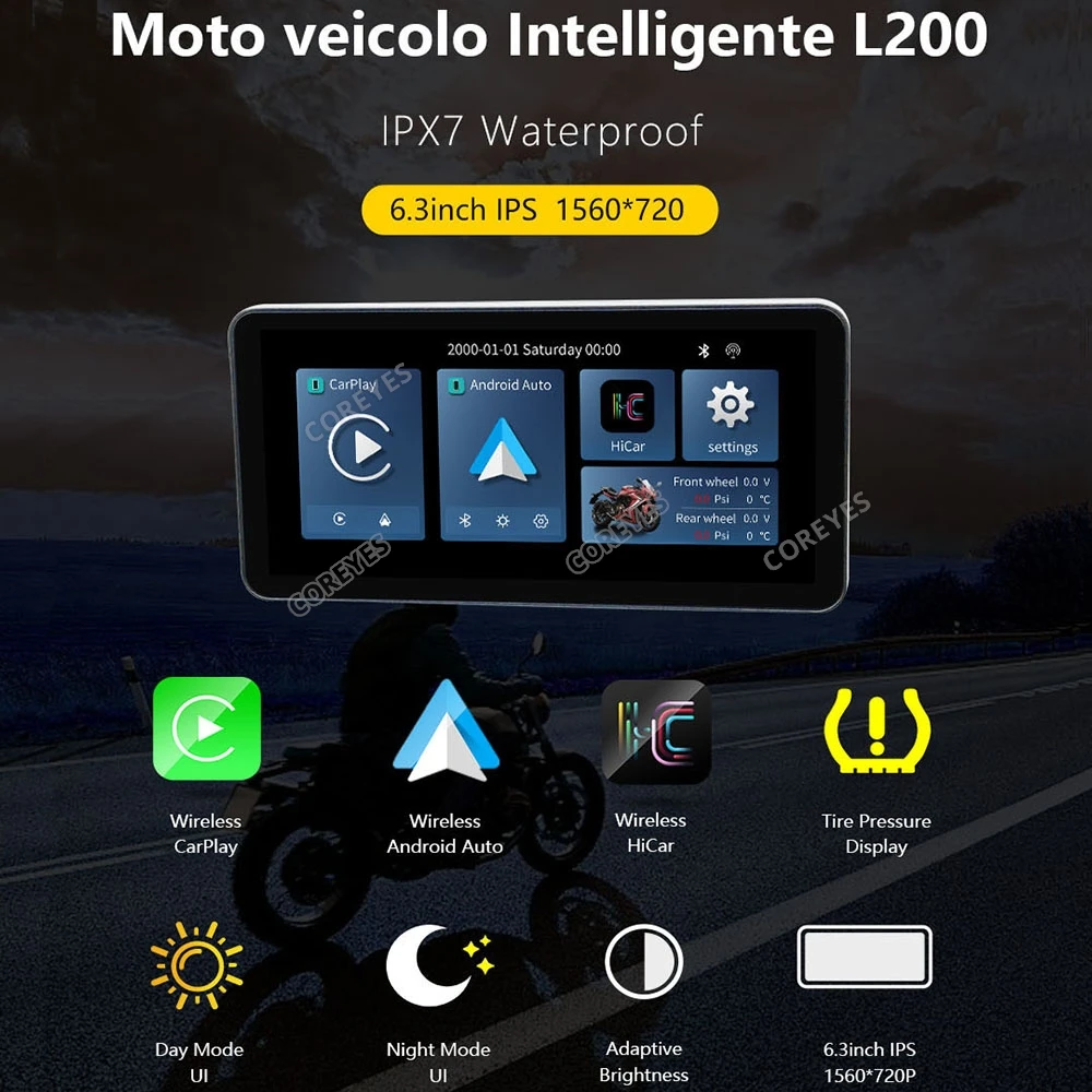 COREYES L200 Tela para motocicleta Carplay Moto Navegação Tela à prova d'água Monitor portátil para motocicleta sem fio Android Auto