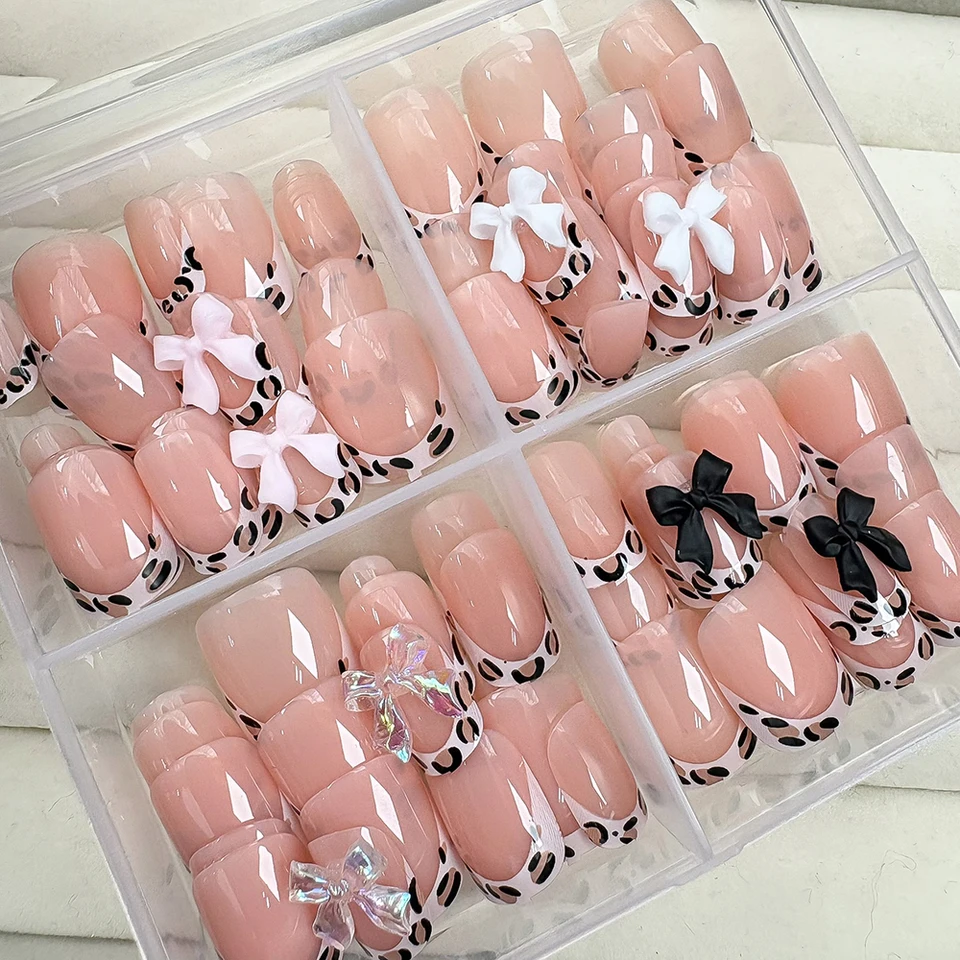 24/96 piezas de uñas postizas nude con estampado de leopardo y moño francés, cortas redondas cuadradas, uñas de presión Y2K lindas con moño de leopardo, puntas acrílicas 2