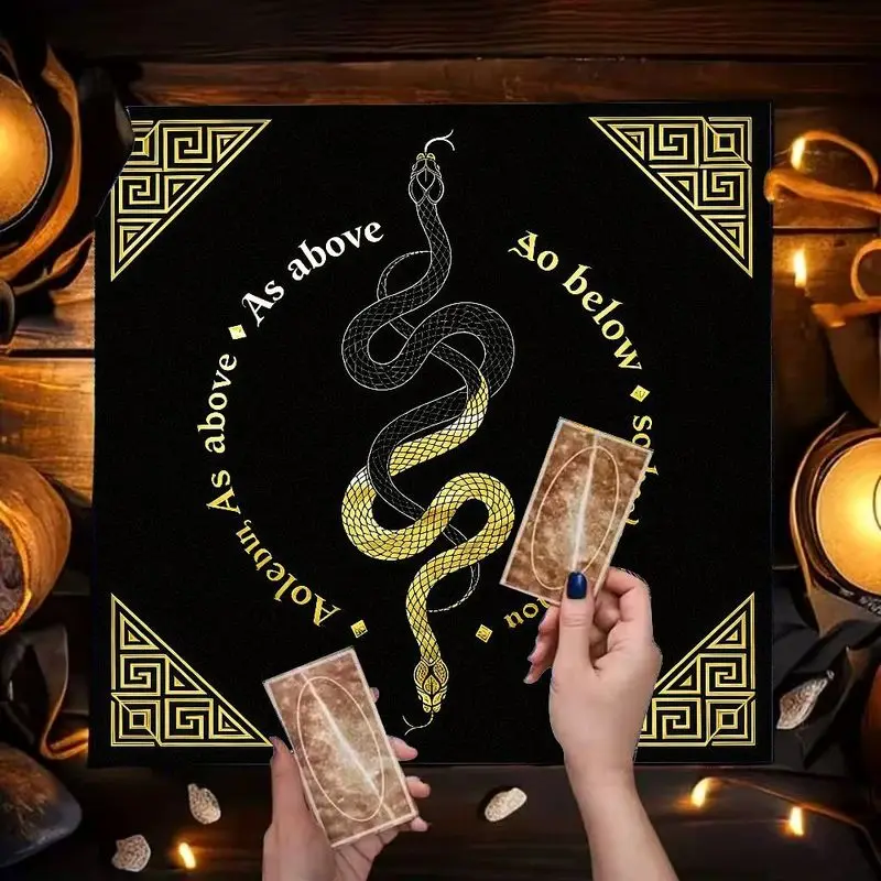 VIKAMA Double Snake Tarot Table Cloth Black Gold Hermetic Altar Cloth As Above So Below Witch Occult Divination Mat