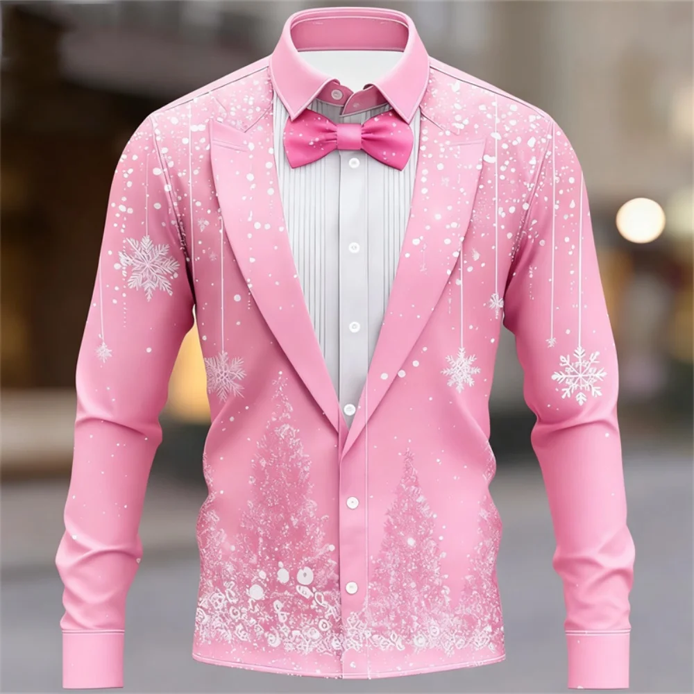 

10 Color Snowflake Christmas Print Long Sleeved Lapel Cardigan Shirt Fashionable Social Party Clothing for Family Holiday Events