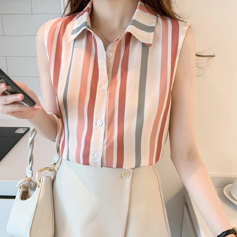 Stripe Women Blouse Casual Shirts Summer Female Clothing Sleeveless  Elegant and Youth Woman Blouses Basic OL Shirts and Blouses