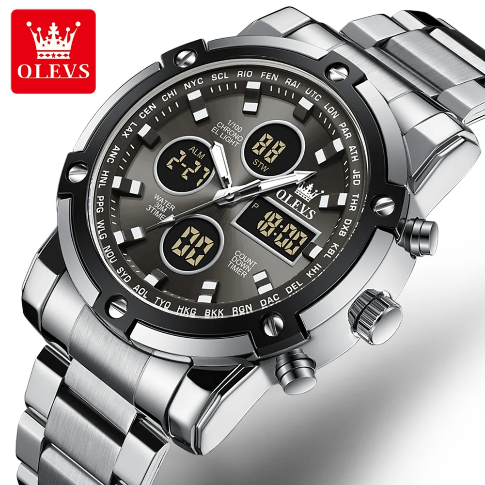 OLEVS New Fashion Dual Display Men Watches Luxury Sport Waterproof Quartz Steel Strip Electronic Watch Luminous Men Watches 1106