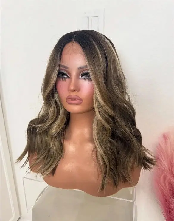 18 بوصة أومبير موجة عميقة الاصطناعية الدانتيل الباروكات للنساء تسليط الضوء على الشوكولاته براون كامل الباروكات مع جذور داكنة ألياف امرأة سمراء #3