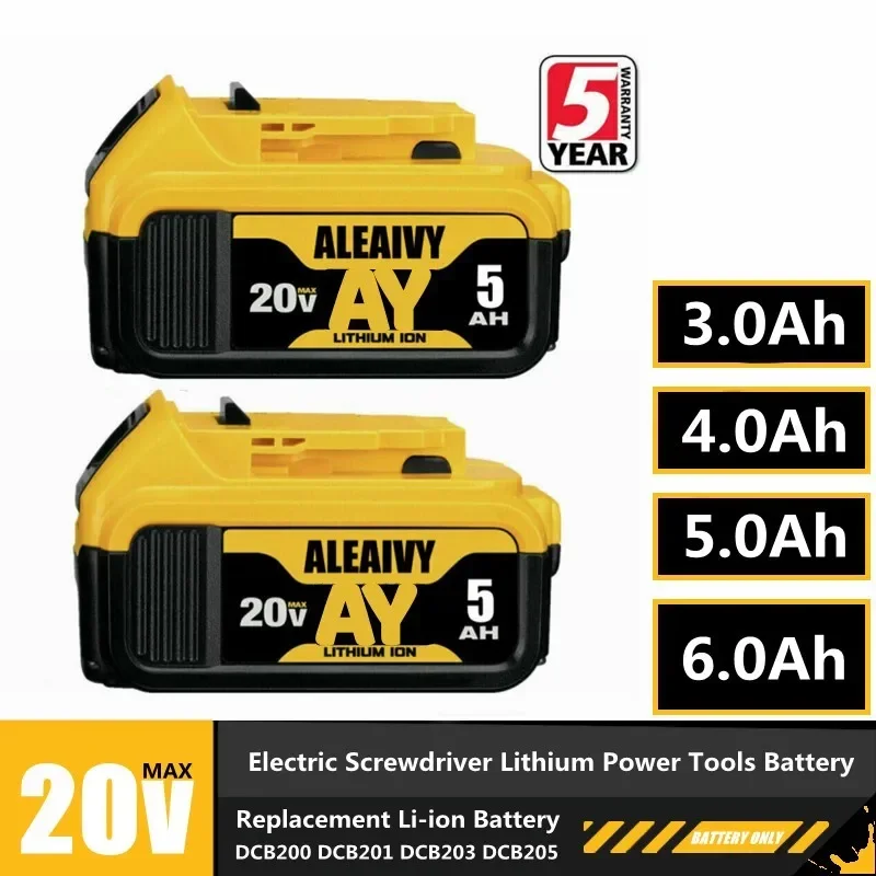 New 20v 6.0Ah MAX 18650 Battery Power Tool Replacement for DeWalt DCB184 DCB181 DCB182 DCB200 20V 6A 18v Battery and Charger