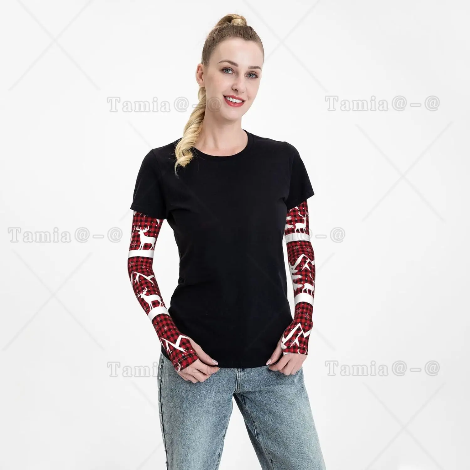 คริสต์มาสบัฟฟาโลลายสก๊อตพิมพ์แขนแขน Cooling UV Sun Protection กีฬาการบีบอัดสําหรับผู้ชายผู้หญิงกอล์ฟบาสเกตบอลแขนแขน