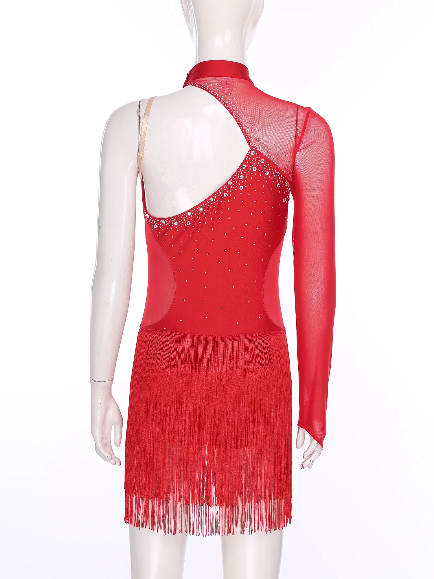 Damen-Kostüm für lateinamerikanischen Tango, durchsichtiges Mesh-Ausschnitt hinten, funkelnde Strasssteine, asymmetrisches Kleid mit Fransen, Tanzbekleidung