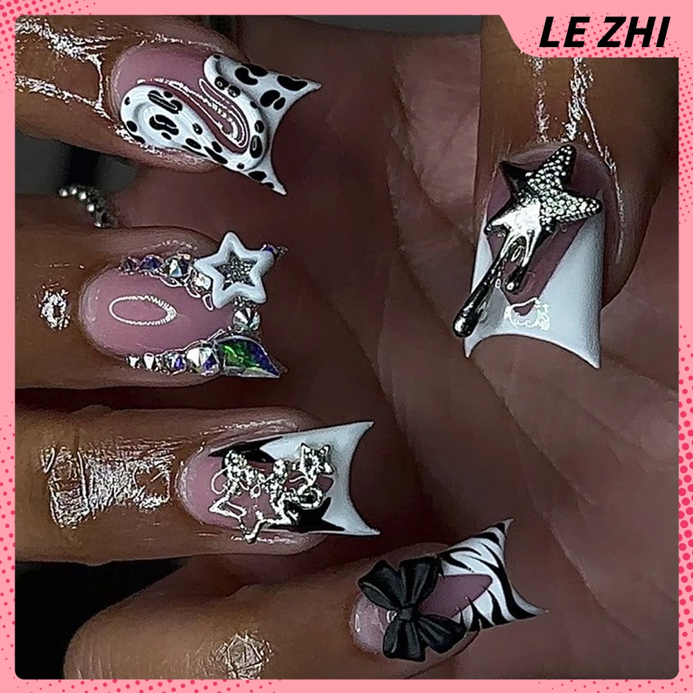 10Pcs Handwork French Duckbill Black White Stars Press On Nails Party Sticker Diamond Zebra-Stripe Custom Nails Salon Sticker