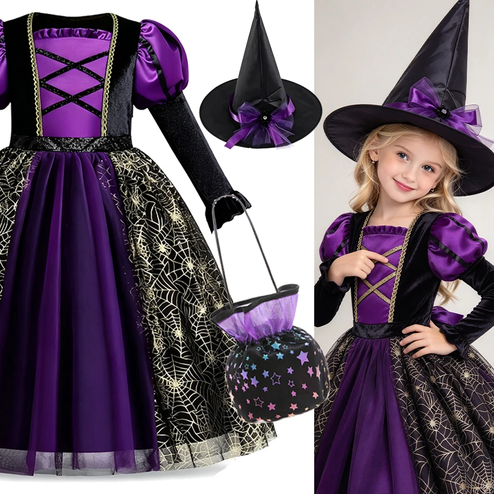 Girls Witch Costume Set Purple Black Spider Long Sleeve Dress with Witch Hat Candy Bag Kids Halloween Dress Up 3-10Y