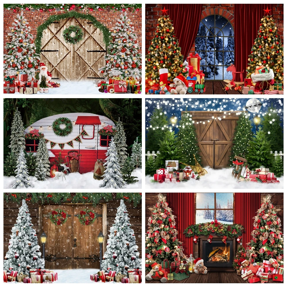 

Merry Christmas Backdrop 2023 Xmas Tree Winter Fireplace Window Gift Wood Door Family Party Baby Portrait Photography Background