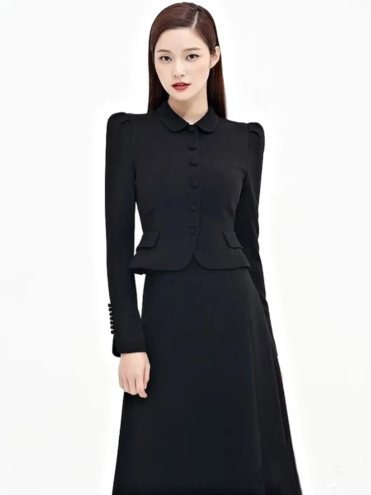 New Autumn Women Set High Quality Black Jacket Tops Casual Half Skirt Vintage Celebrity Girls Elegant Fashion Party Office Suit