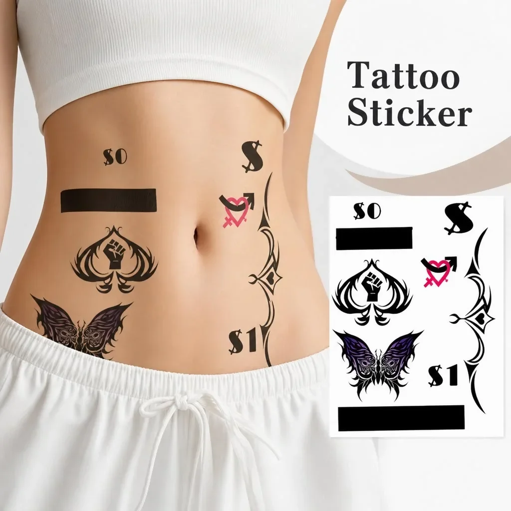 1 Sheet Per Pack Temporary Tattoo Sticker Black and Colorful Purple Pink Red Waterproof Long Lasting Butterfly Gothic for Women