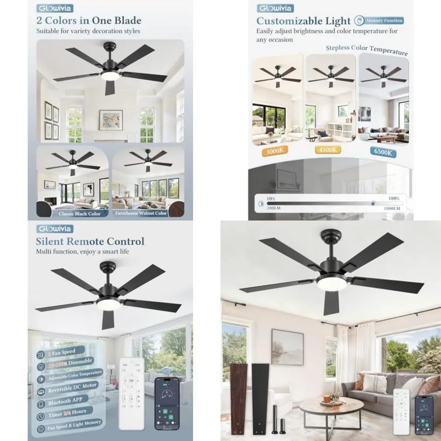 

Ceiling Fans with Lights and RemoteandAPP Control, Smart Ceiling Fan with 3000-6000K Dimmable, 6 Speeds Quiet Reversible Motor,