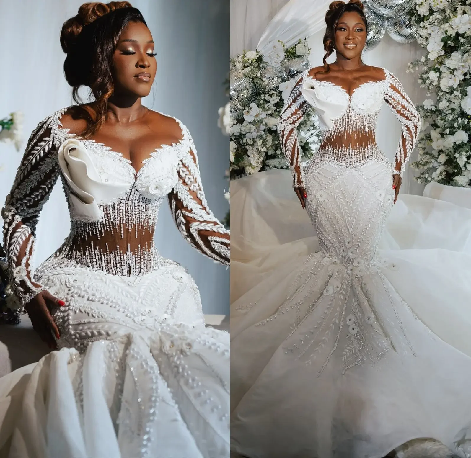 カスタムメイドのアラビア風プラスサイズ、白いマーメイドラインのウェディングドレス、レースとパールをあしらったフルスリーブのブライダルガウン