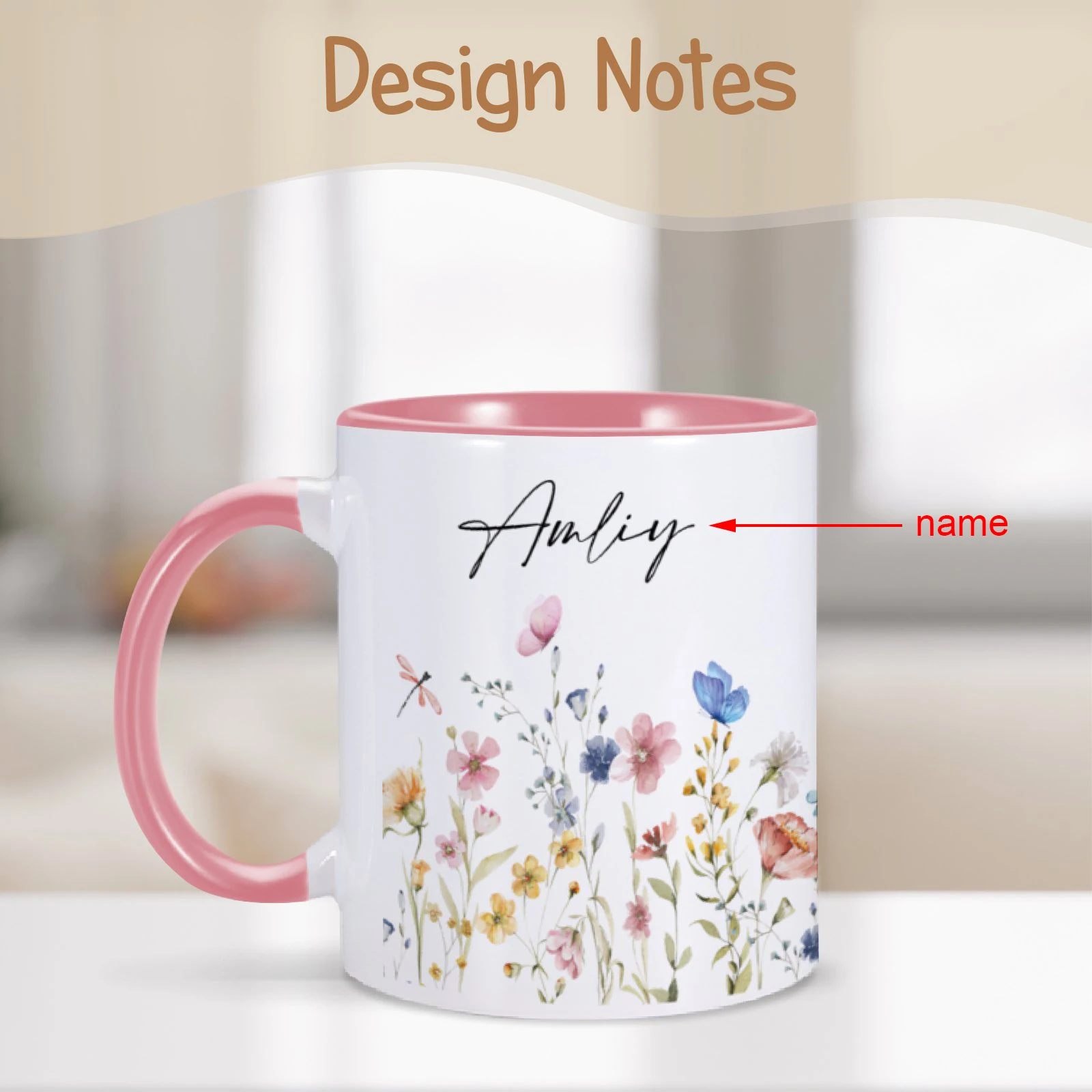 Custom Wildflowers Butterflies Mug Personalized Name Cup Birthday Gift for Nature Lover Gardener 11 Oz Coffee Mugs for Women