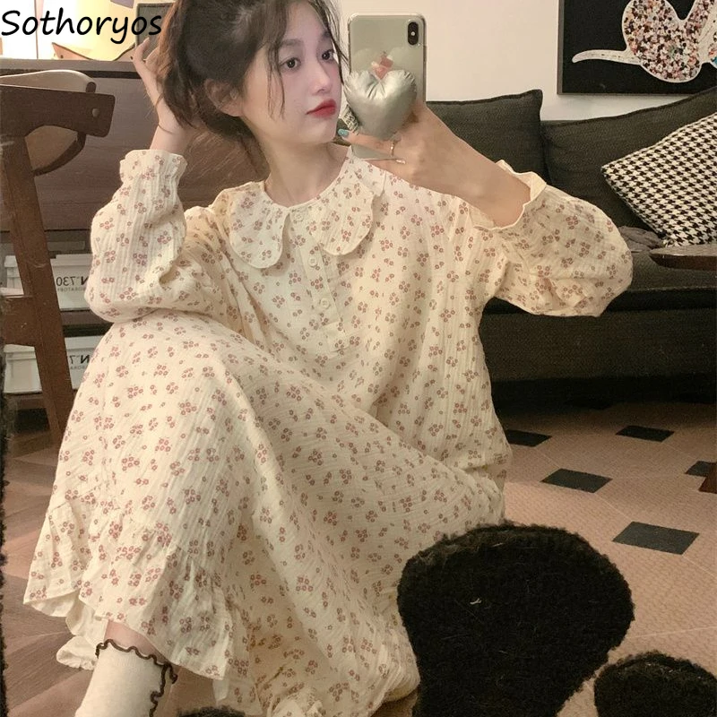 Sleepshirts Women O-neck Floral Print Loungewear Sweet Girls Full Sleeve Cute Loose Fit Ruffles Japan Style Fashion Nightgowns