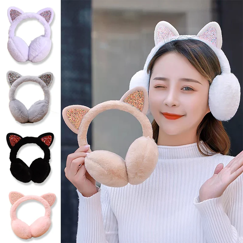 Winter Warm Earmuffs For Women Girls Shiny Sequin Cat Ears Earflap Fluffy Earflap Headband Winter Outdoor Ear Protector Unisex