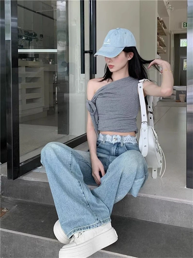 Women's Design Lace Small Paste Diamonds Jeans Street Clothes Girl Streetwear Denim Trousers Vintage Female Fashion Baggy Pants