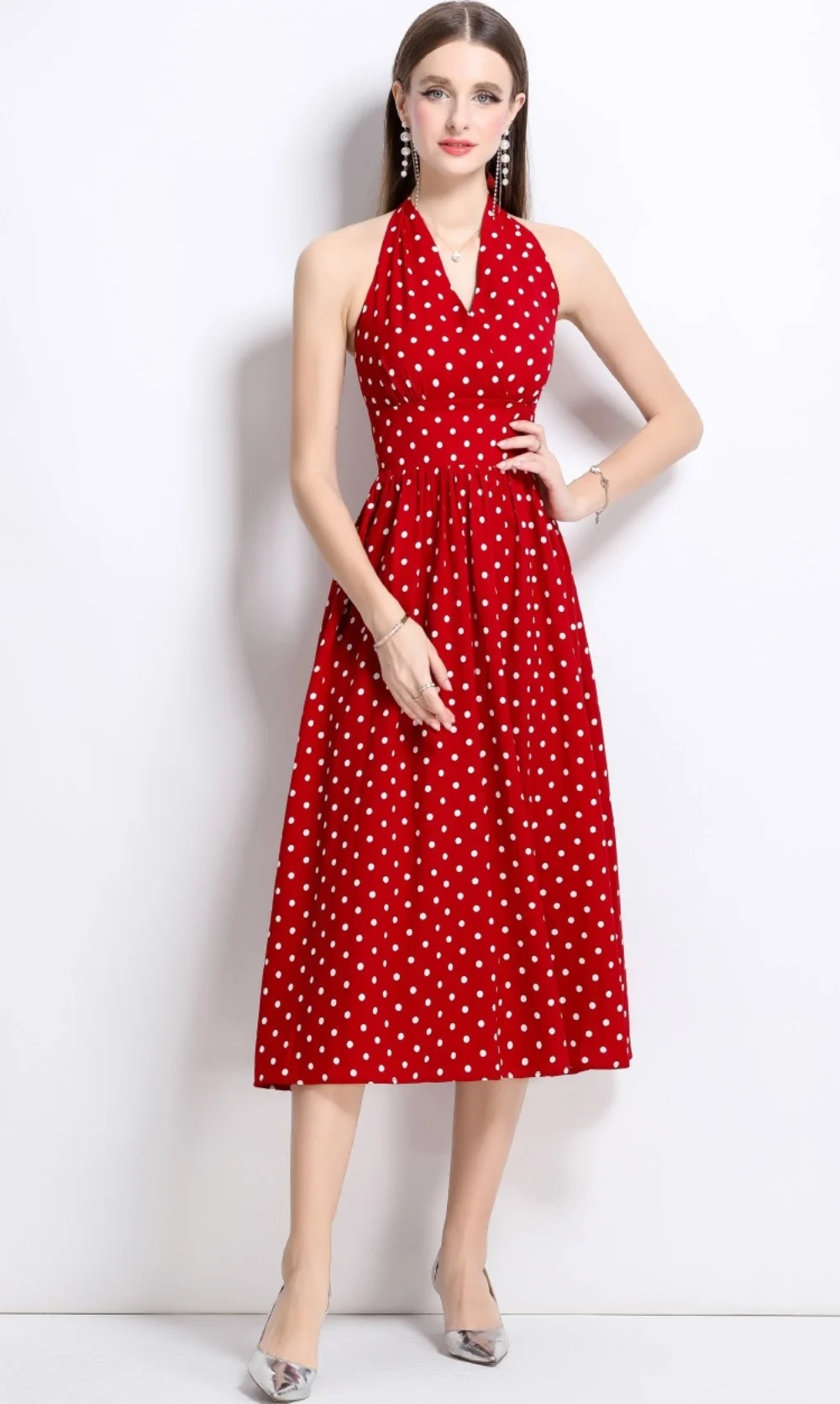 Women's Summer Polka Dot Halter Dress Sleeveless Backless Slim Dress Elegant Boho Party Midi Dresses-Black