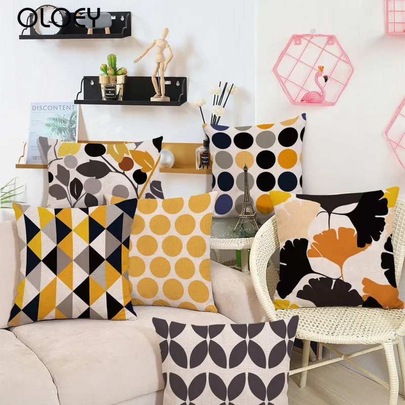

Yellow gingko leaves geometric thickened cotton linen pillow cover linen sofa pillow cushion office pillow