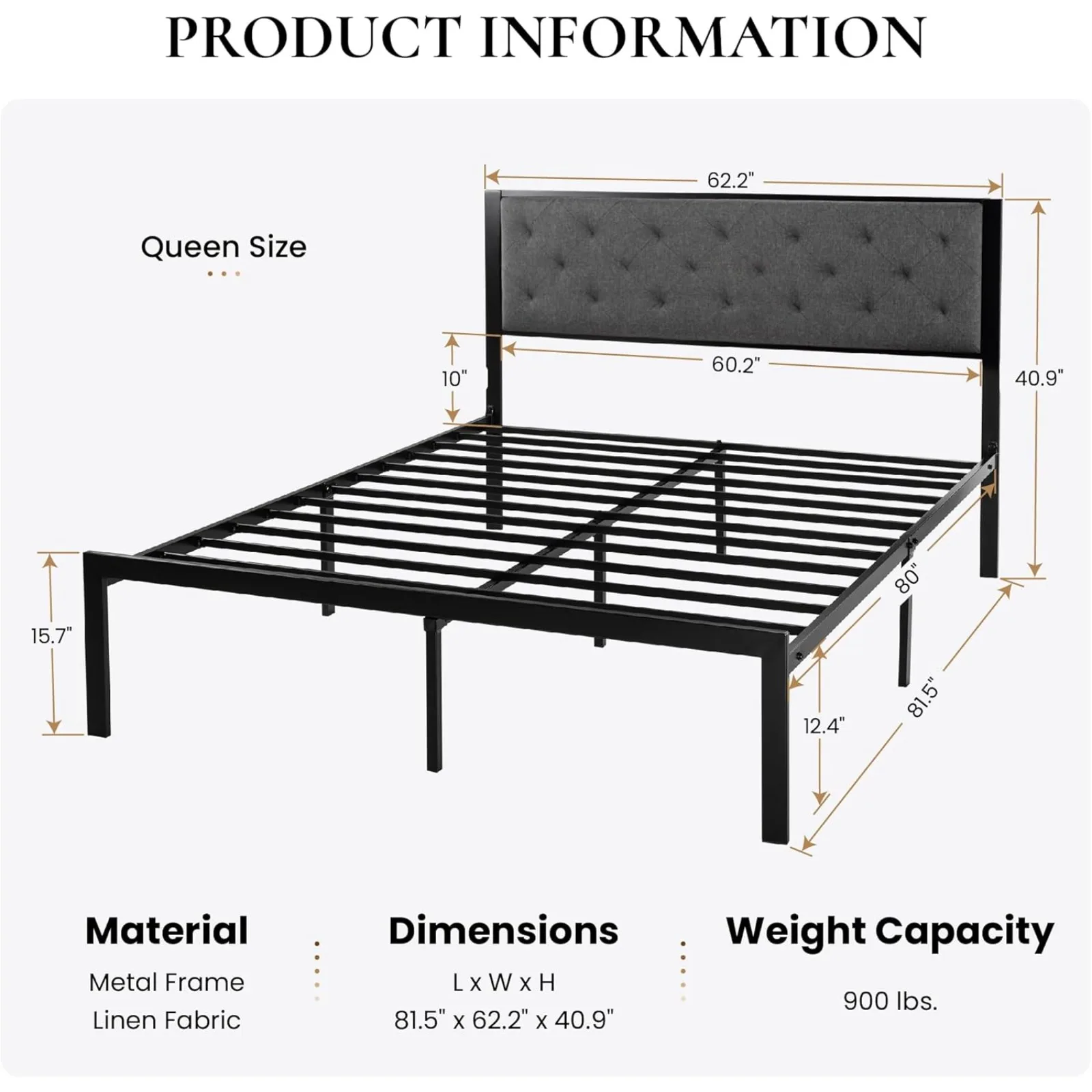 US Queen Size Metal Bed Frame, Fabric Upholstered with Button Tufted Headboard, Mattress Foundation with 17 Strong Metal Slats