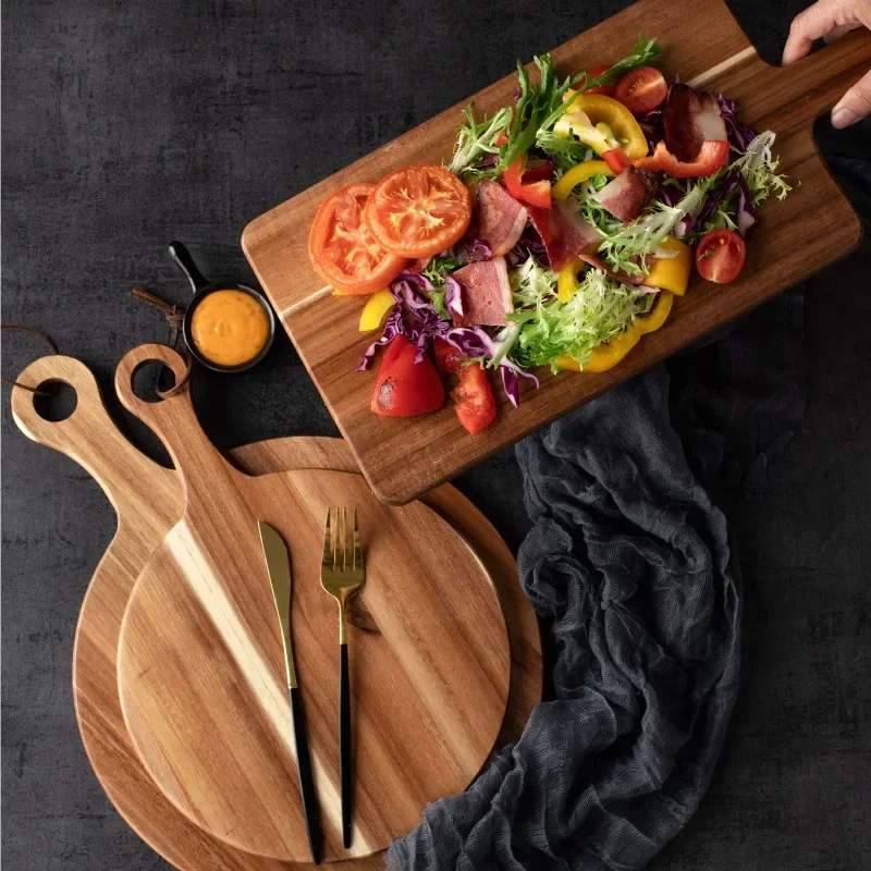 

Acacia Wood Cutting Board with Handle,Round Pizza Paddle Serving Chopping Block,Cheese Fruit Vegetables Bread Charcuterie Holder