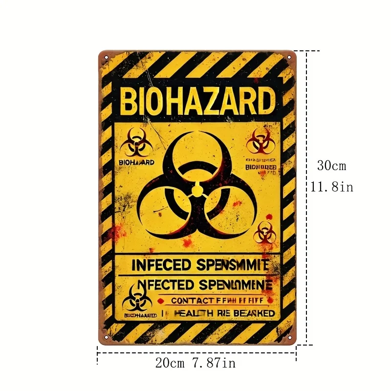 2D Flat, 1pc Vintage Biohazard Warning Sign -  Metal Tin Art with Distressed Yellow Background & Black Stripes, Textured Surface