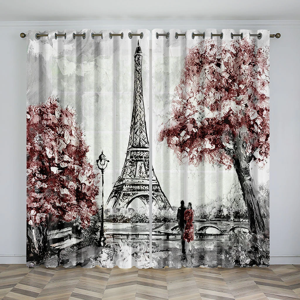 Paris Eiffel Tower Painting Curtains Romantic Mary Gem Ho Bedroom Living Room Kitchen Balcony Window Decoration 2 pcs