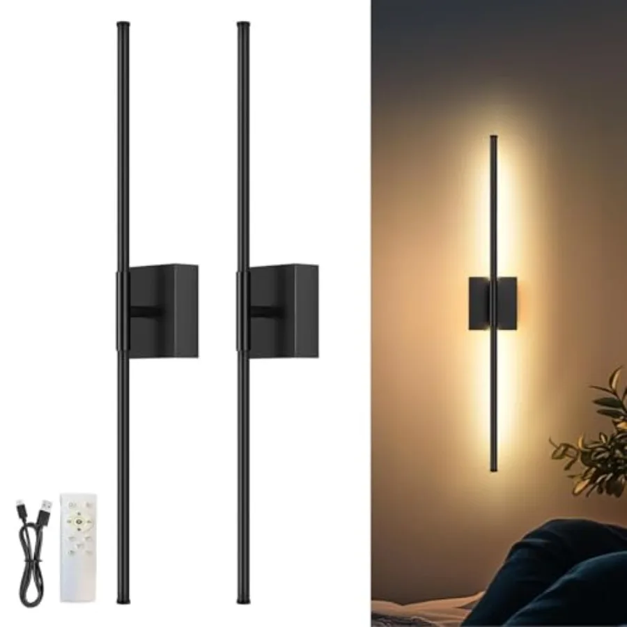 

Battery Operated Wall Sconces Set of 2, Dimmable Wall Sconce with Remote Control, Modern Black LED Rechargeable Wall Sconces Li