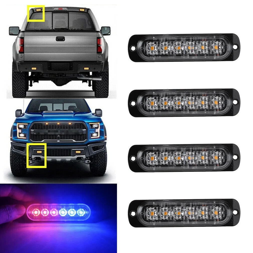 Baliza de emergencia para coche y camión, barra de luz estroboscópica de advertencia de peligro, Flash rojo y azul, 6LED, 4 unidades