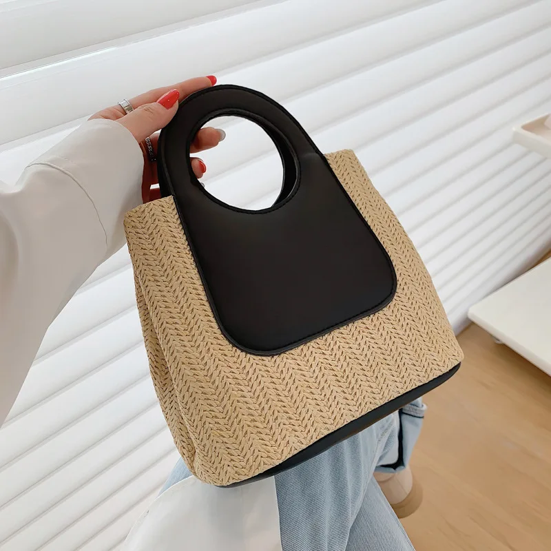 Straw Woven Top Handle Tote Bag for Women's, Faux Leather Splicing Round Hollow Handle ,Detachable Shoulder Strap Small Handbag