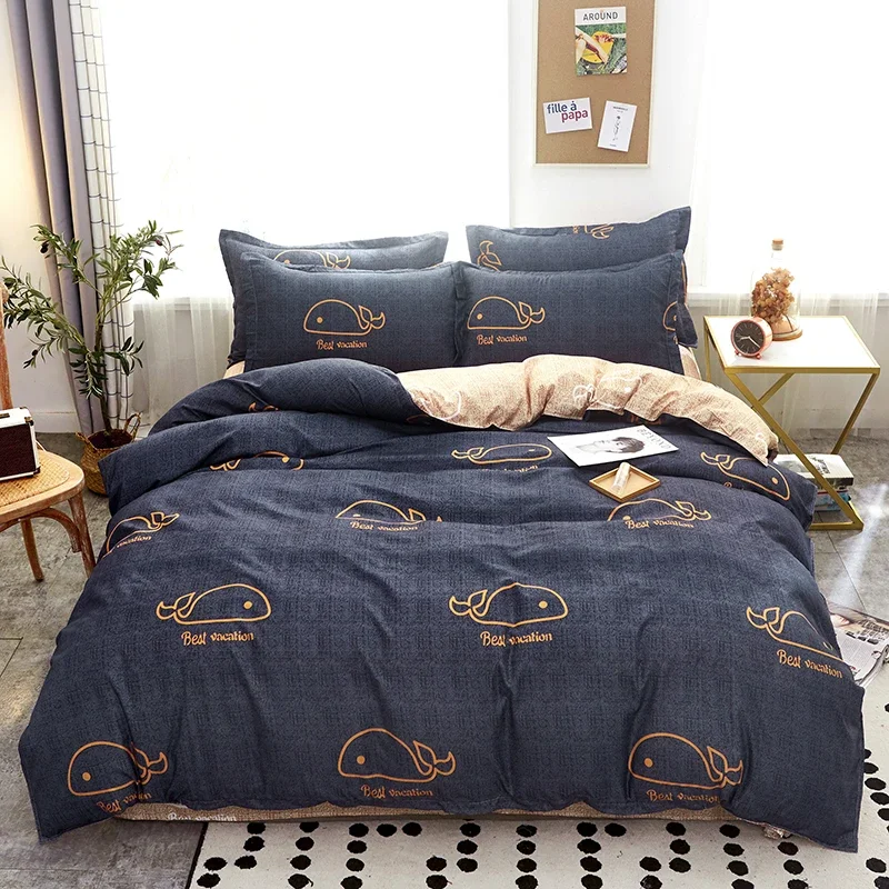 

Dark Blue Whale Pattern Duvet Cover Set, Khaki Quilt Cover, Home Dormitory Simple Bedding with Pillowcases Single Queen Size