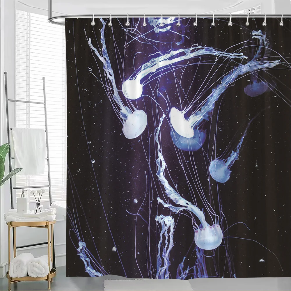 

1pc Glowing Jellyfish Shower Curtain - Serene Deep Sea Design with Blue Glowing Jellyfish in Dark Water, Stylish Bathroom Decor,