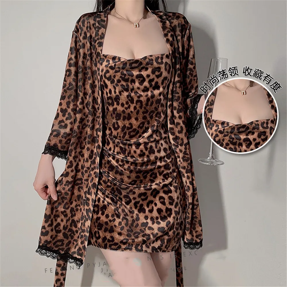 

Sexy Leopard Velour Robe Nightgown 2PCS Set Velvet Kimono Bathrobe Gown Women Home Dress Sleepwear Elegant Lounge Wear
