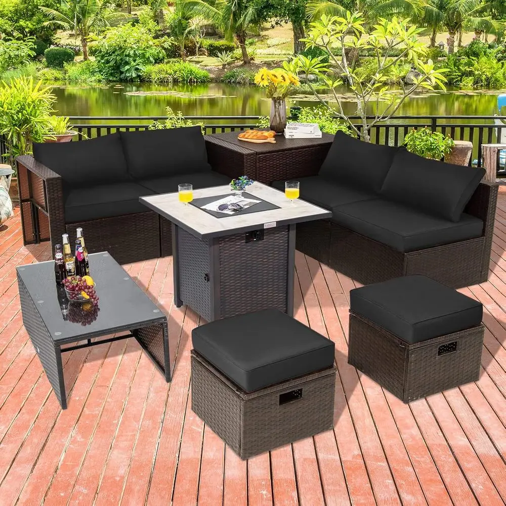 

9 Piece Patio urniture Set with 30'' ire Pit Table, Outdoor Wicker Rattan Sectional Soa Set with 4'' Thickened Cushions, 2 Coee