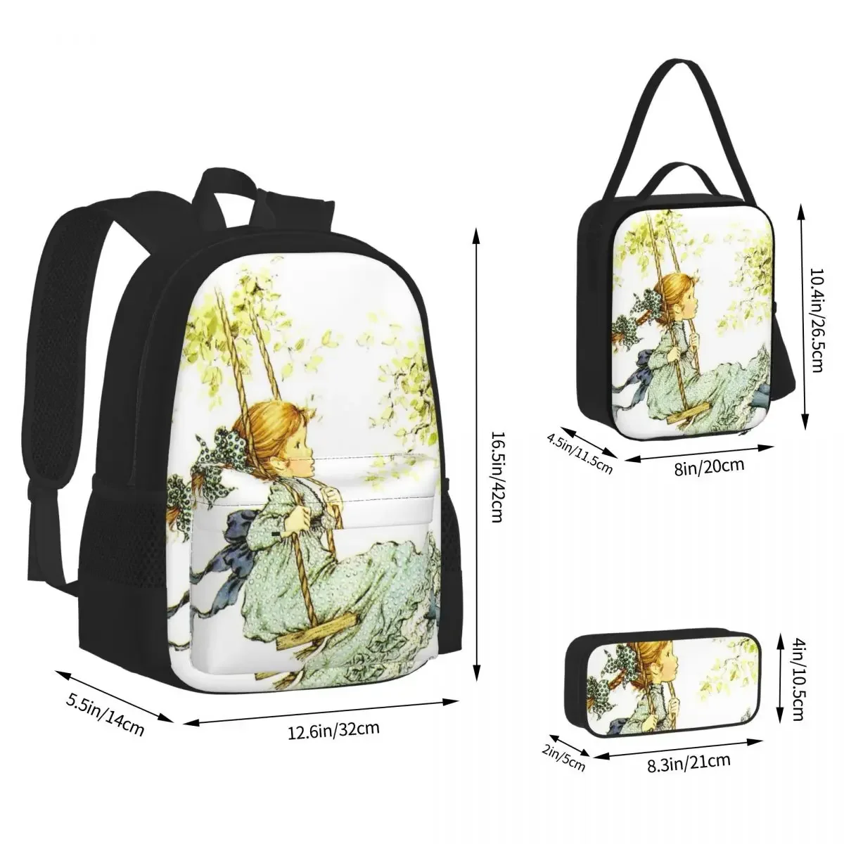 Sarah Kay Swing Girl Backpacks Boys Girls Bookbag Students School Bags Cartoon Kids Rucksack Lunch Bag Pen Bag Three-Piece Set