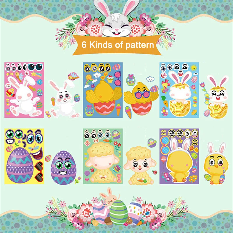 Pegatinas de Pascua para niños, conejo, cordero, pollito, huevos, hacer una cara, rompecabezas DIY, pegatina, decoración de fiesta de Pascua, juguetes para niños