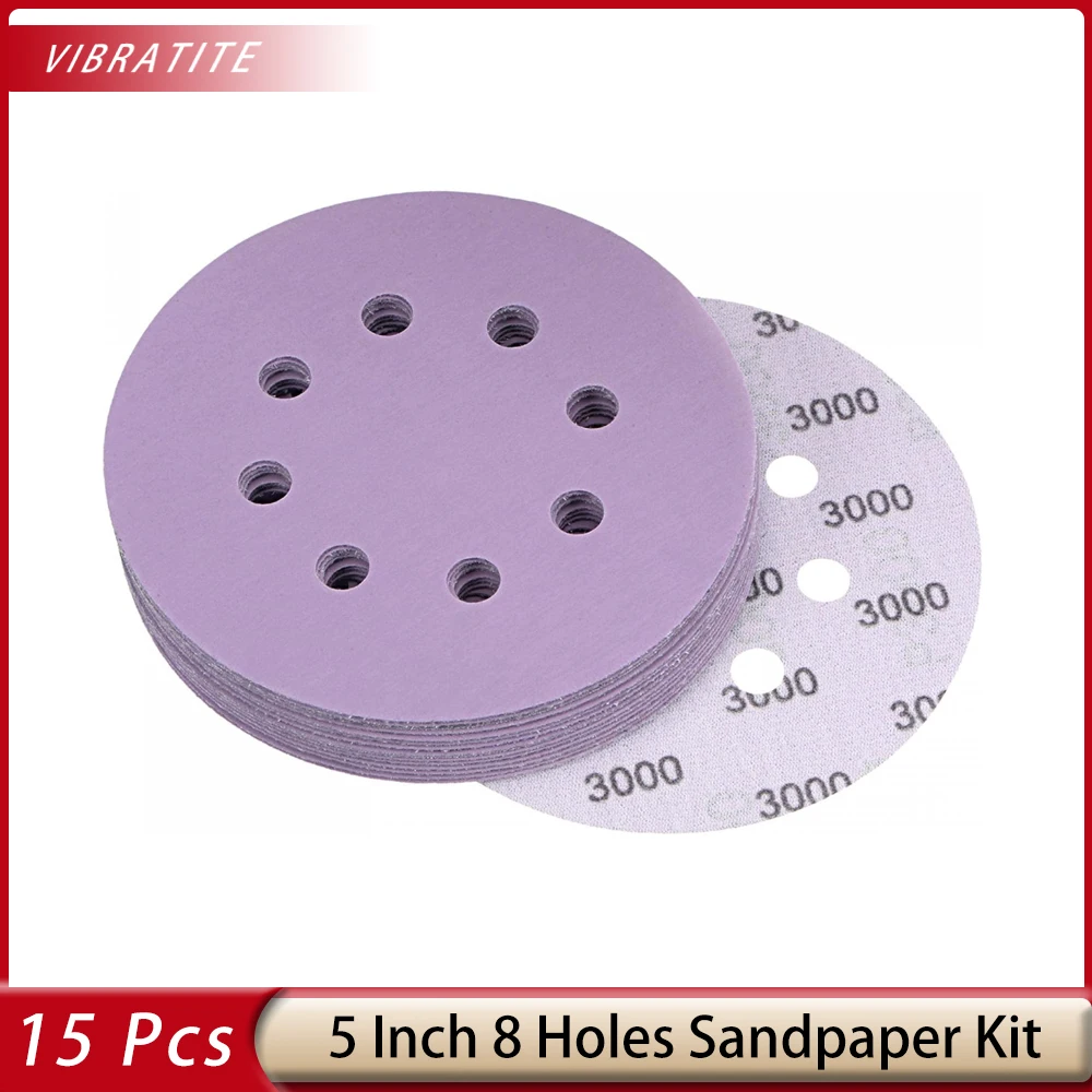

15 Pcs 5 Inch 8 Hole Purple Sanding Discs Kit Hook & Loop Assorted Professional orbital sandpaper for Wood Metal Car