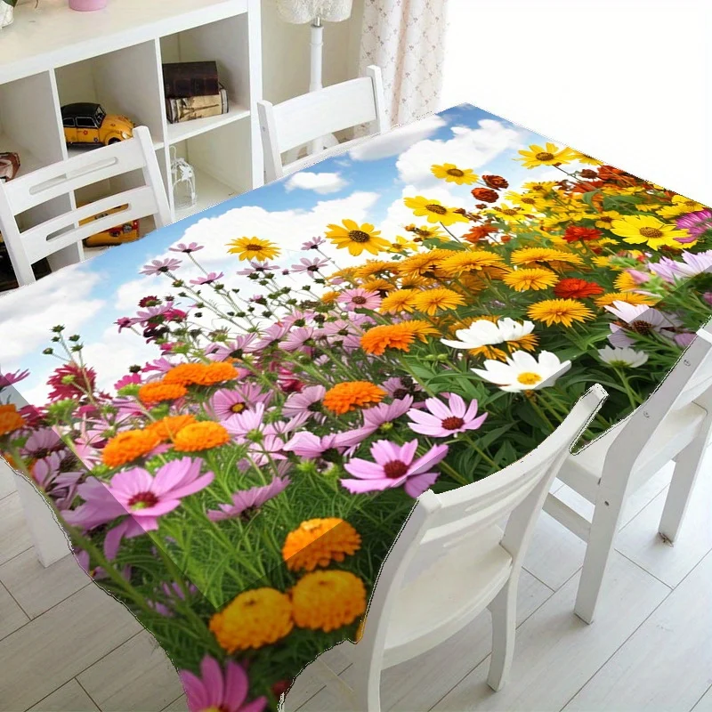 1pc Of Floral Field Pattern Printed Rectangular Tablecloth, Suitable For Daily Indoor And Outdoor Use At Home, Restaurant