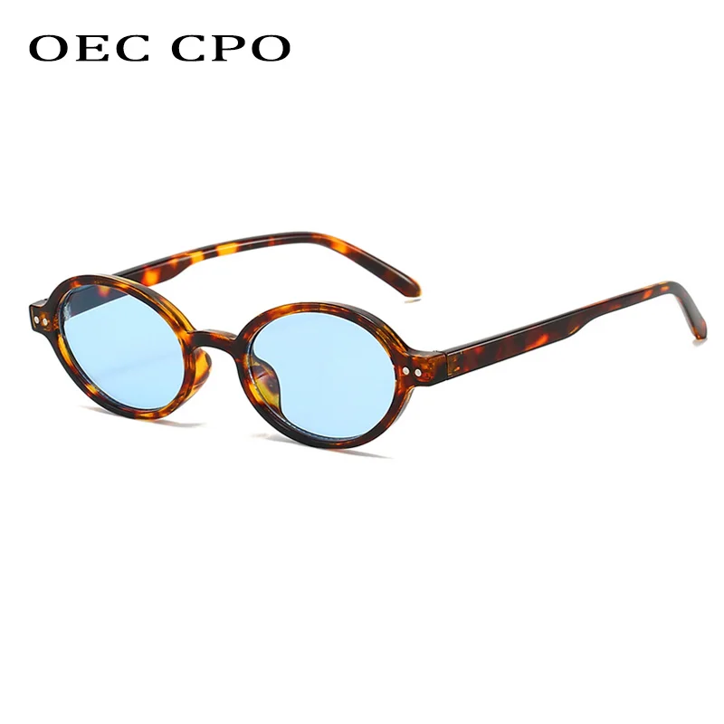 

OEC CPO New Oval Sunglasses Women Retro Small Shades UV400 Fashion Rivets Sun Glasses Female Leopard Blue Men Punk Eyewear