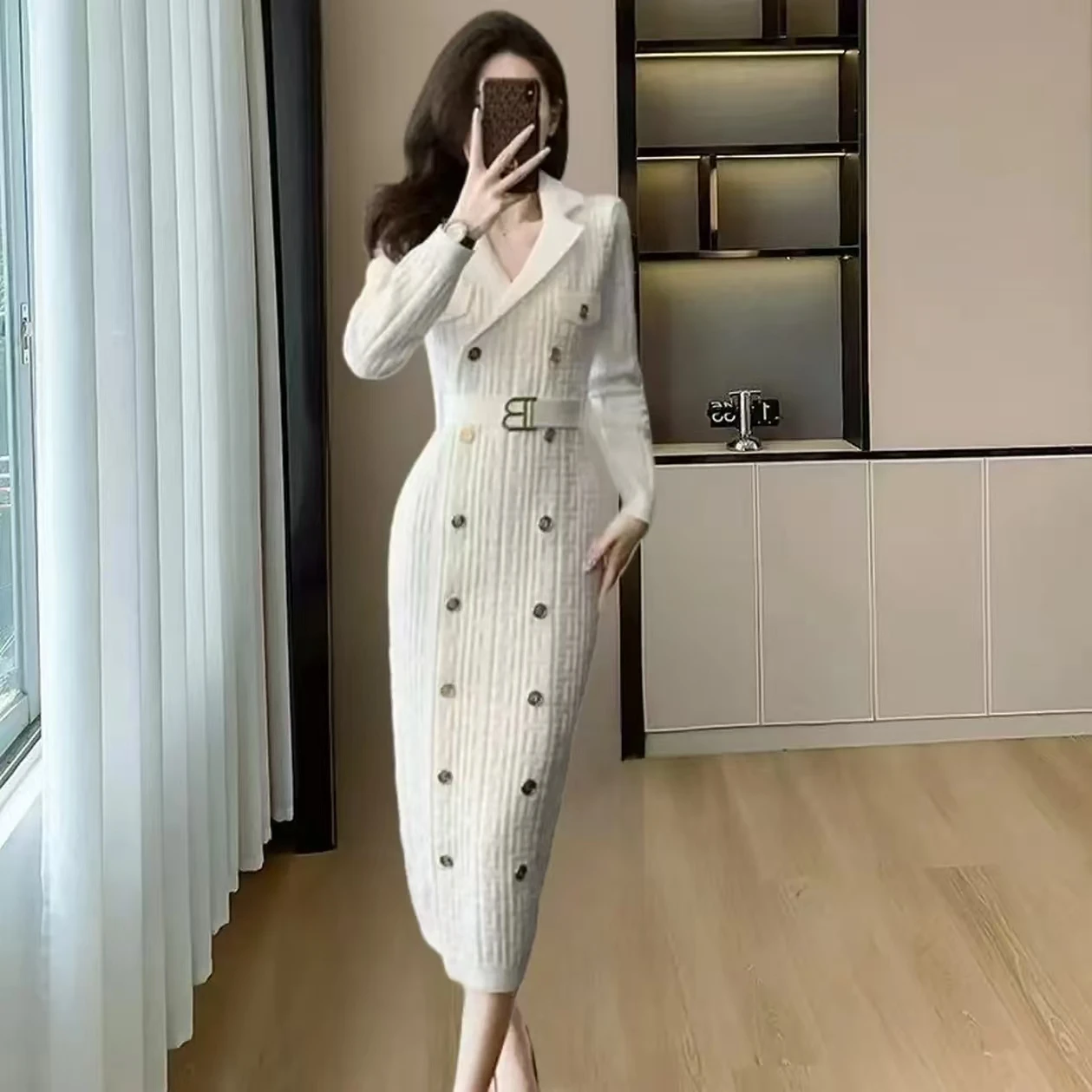 

Spring And Autumn New Fashionable Temperament Commuter Suit Collar B-Buckle Belt Slimming Long Sleeve Knitted Long Coat